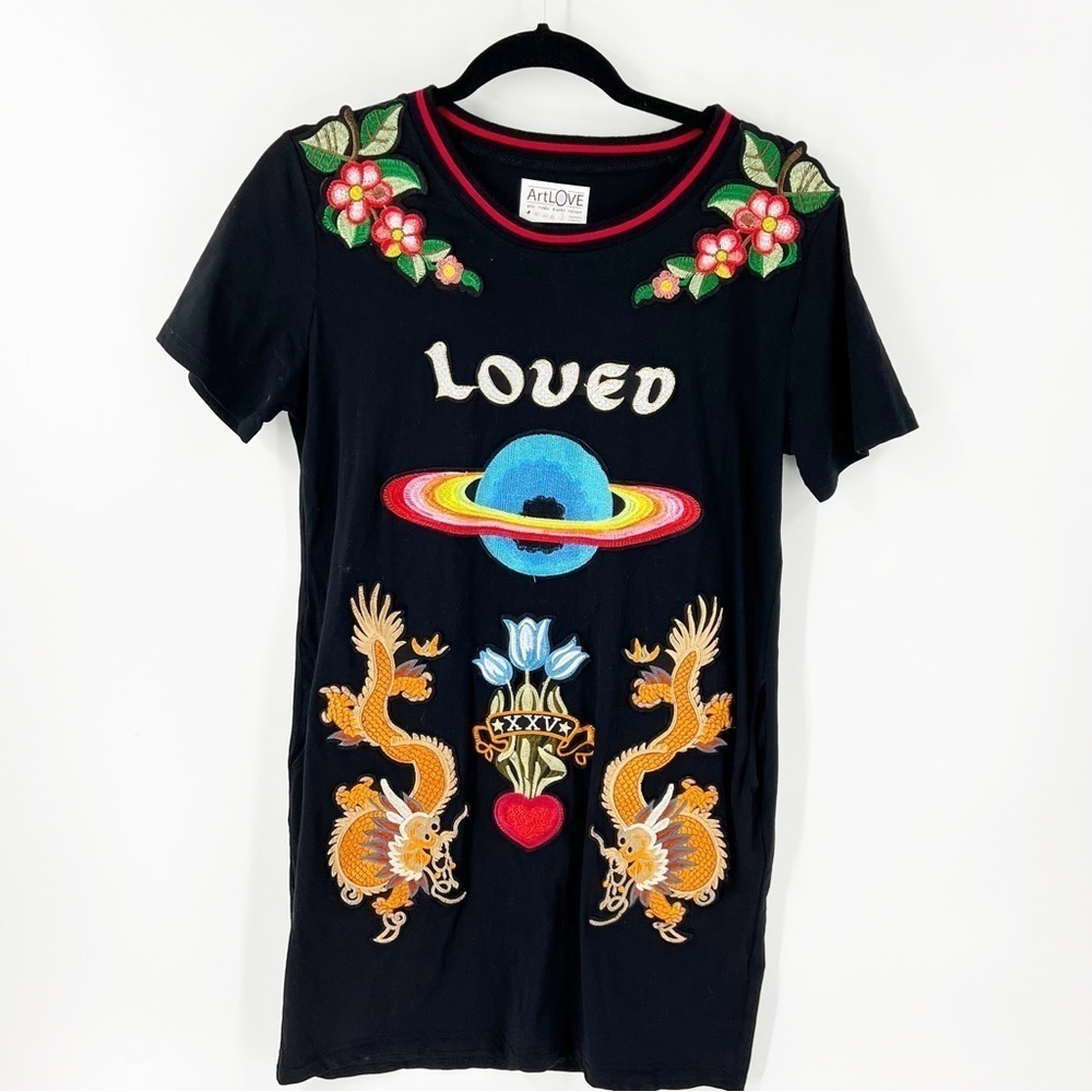 ✅ ARTLOVE BLACK GRAPHIC‎ EMBROIDERED KNIT DRESS SIZE 3 ART-TO-WEAR